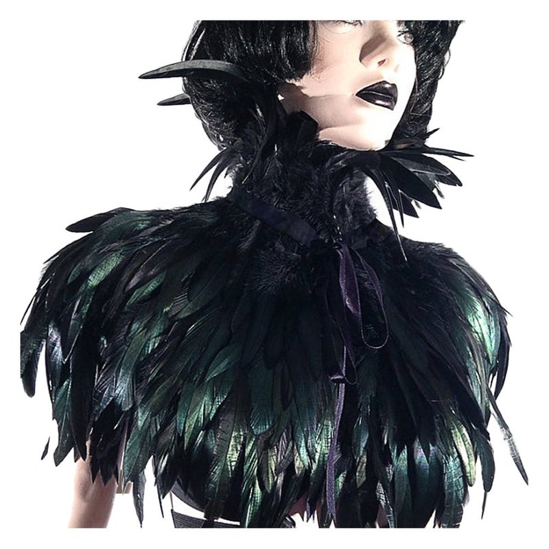 L'VOW Gothic Black Feather Cape Shawl Shrug Poncho with Choker Collar (Black) - Image 3